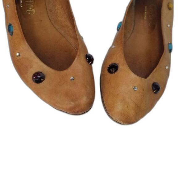 80s Vintage Joan & David Vegetable Tanned Leather Be-jeweled Tan Flats Size 7.5 - Picture 3 of 8